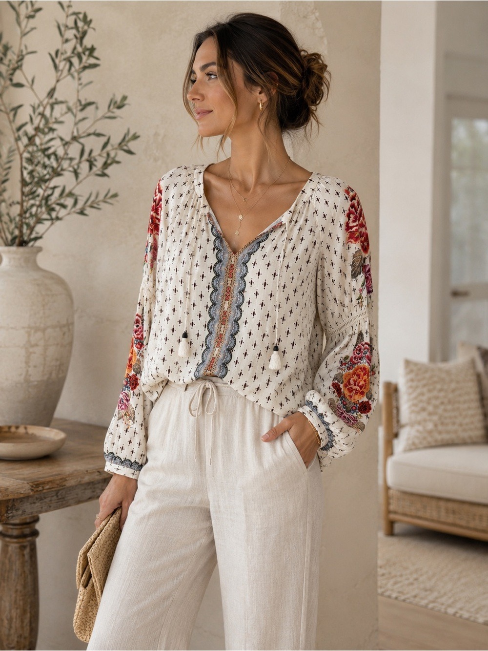 FARM Rio from Anthropologie Boho Floral Tassel Peasant Blouse Size Small